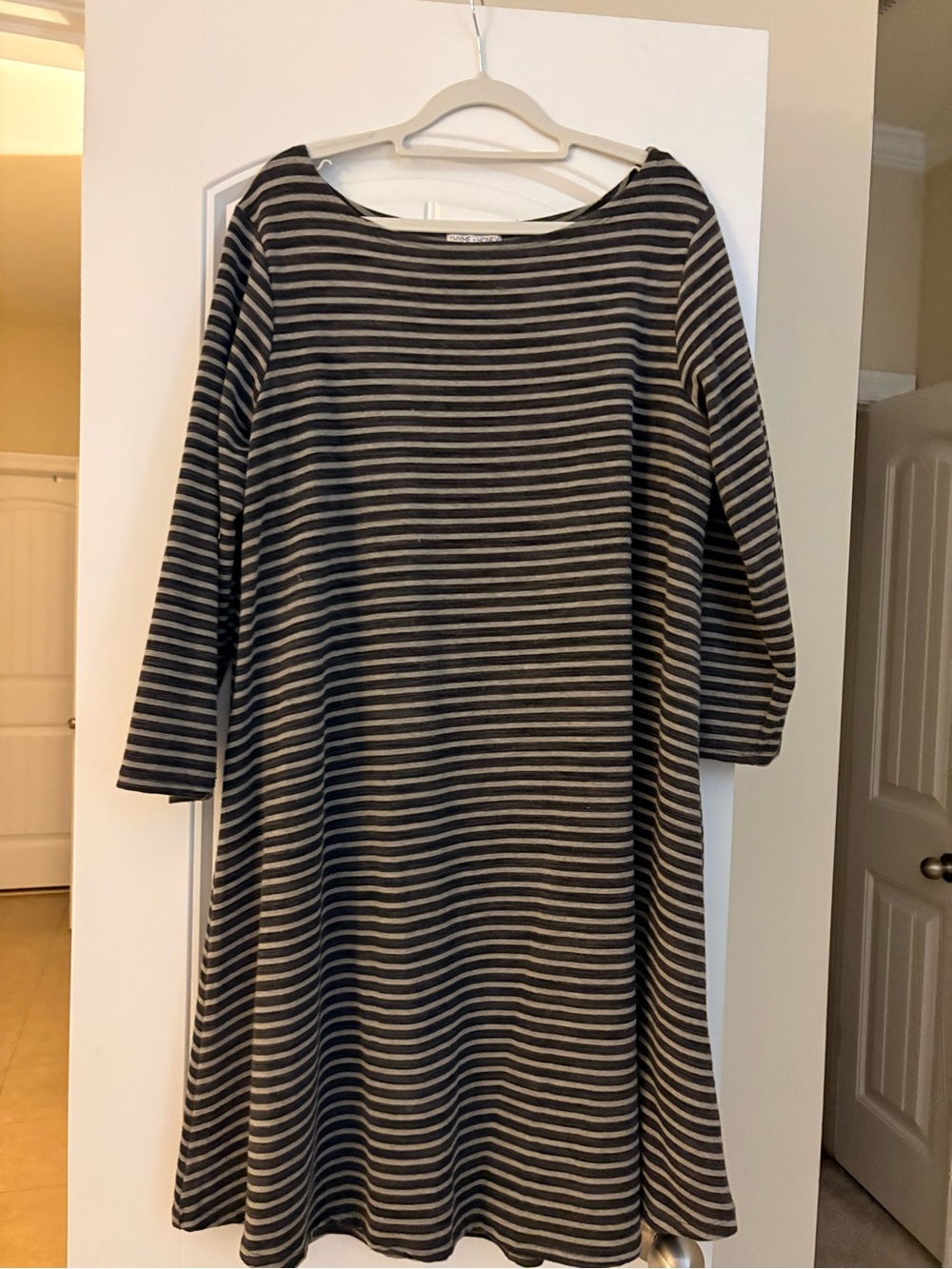 Striped Long-Sleeve A-Line Dress — Black and Gray